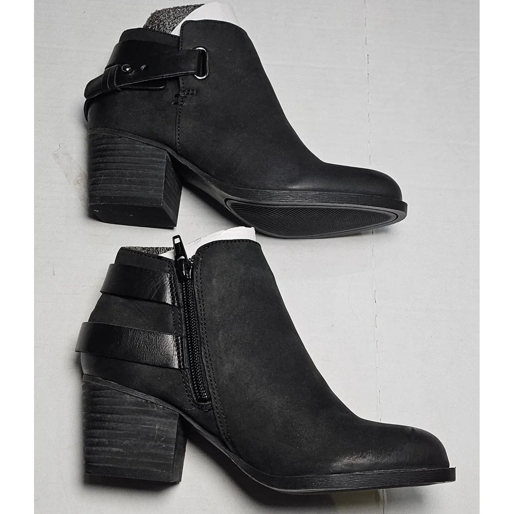 Sole Society Angie Black Leather Ankle Boots Block Heel Side Zip Buckle Womens 5